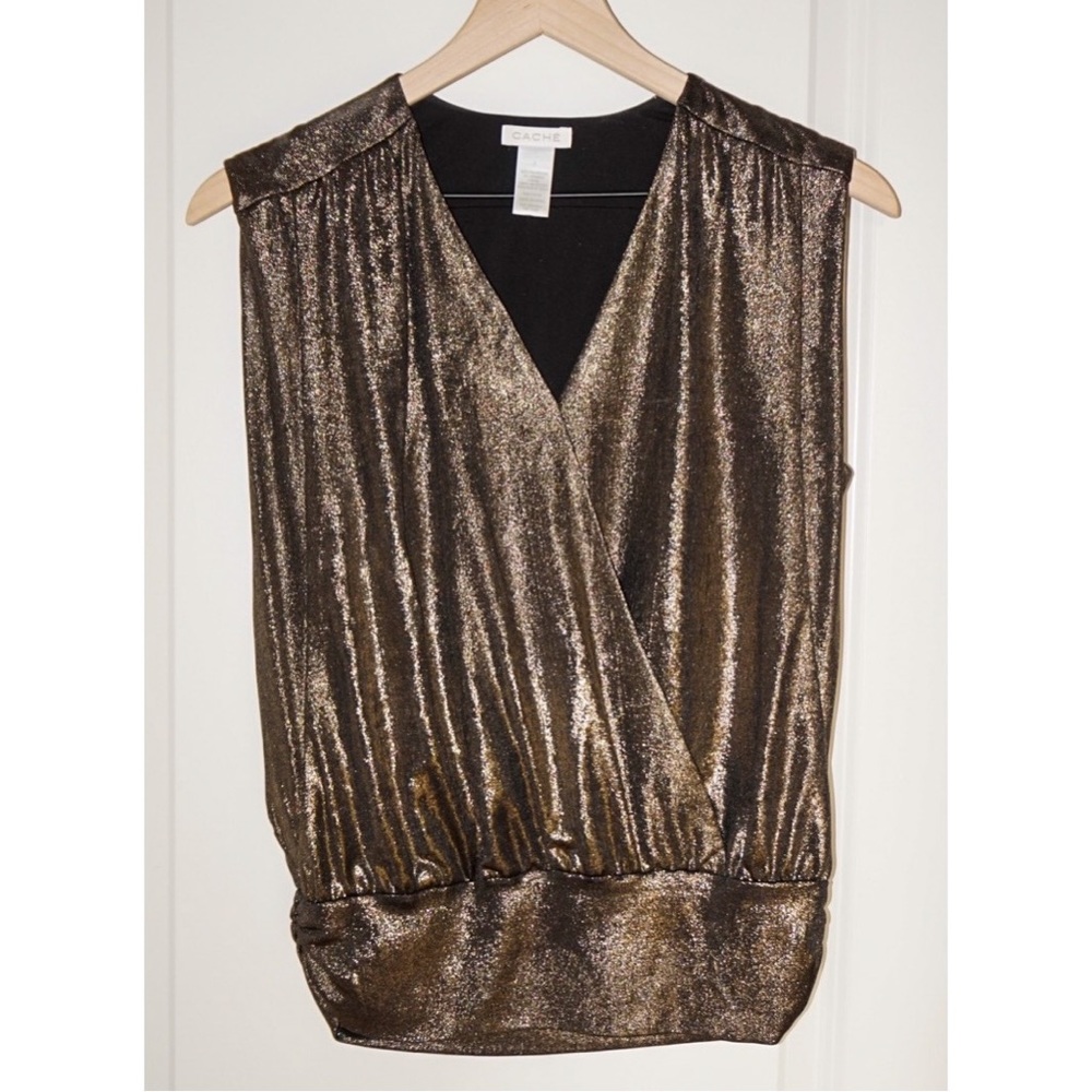 Cache Black Gold Metallic Shimmer Faux Wrap Top